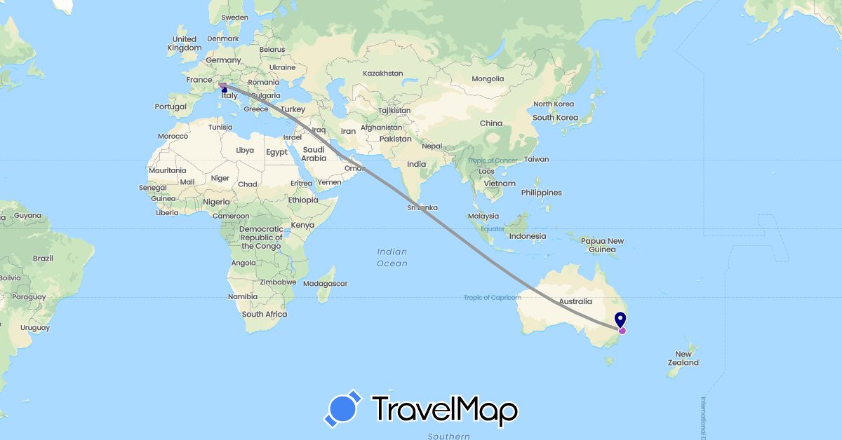 TravelMap itinerary: driving, plane, train in Australia, Italy, Qatar (Asia, Europe, Oceania)